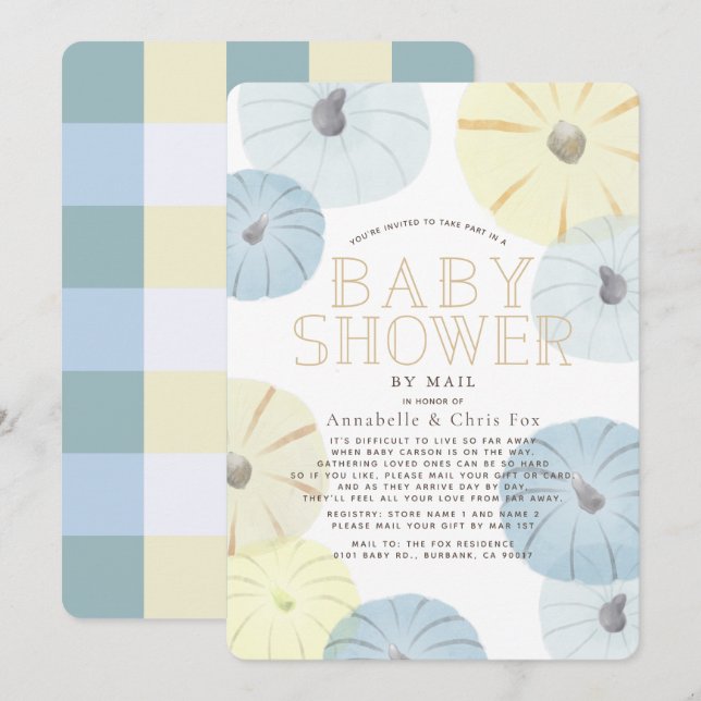 Blue & Yellow Pumpkin Boy Baby Shower by Mail Invitation (Front/Back)