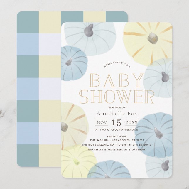 Blue & Yellow Pumpkin Boy Baby Shower Invitation (Front/Back)