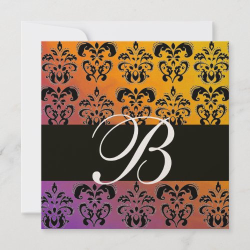 BLUE YELLOW PURPLE BLACK DAMASK MONOGRAM Champagne Invitation