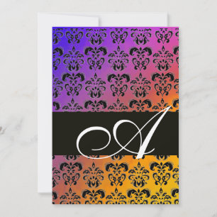 BLUE YELLOW PURPLE BLACK DAMASK MONOGRAM ,white Invitation