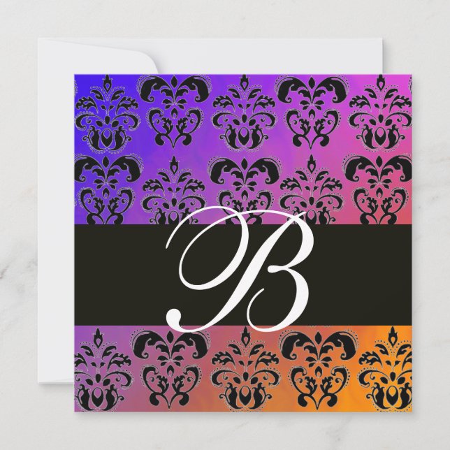BLUE YELLOW PURPLE BLACK  DAMASK MONOGRAM , white Invitation (Front)