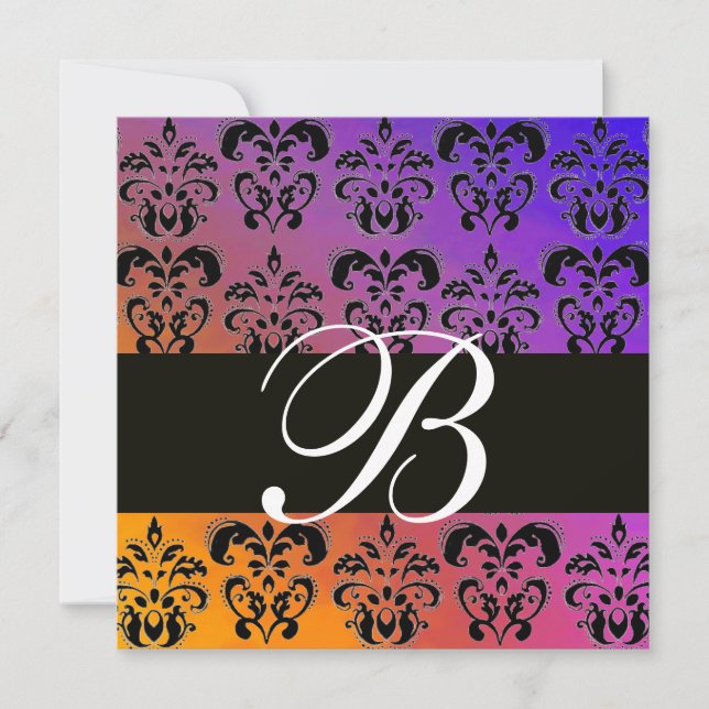 BLUE YELLOW PURPLE BLACK  DAMASK MONOGRAM , white Invitation (Front)