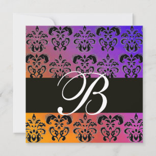 BLUE YELLOW PURPLE BLACK DAMASK MONOGRAM , white Invitation
