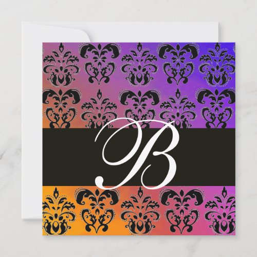 BLUE YELLOW PURPLE BLACK  DAMASK MONOGRAM  white Invitation