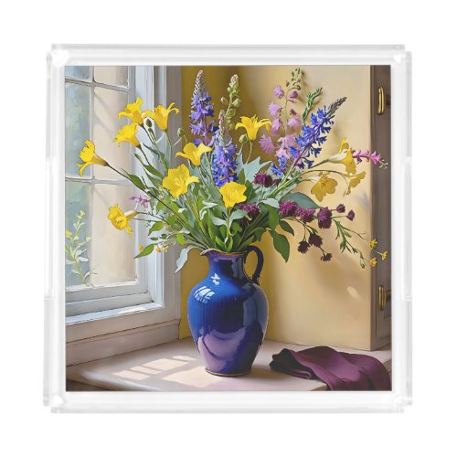 Blue Yellow Purple Blooms Art Acrylic Tray