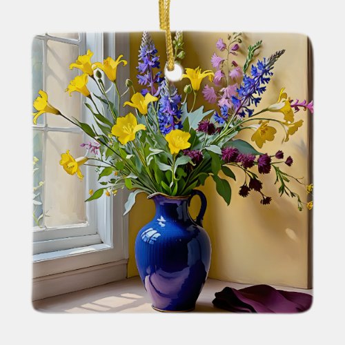Blue Yellow Purple Blooms Art Ceramic Ornament