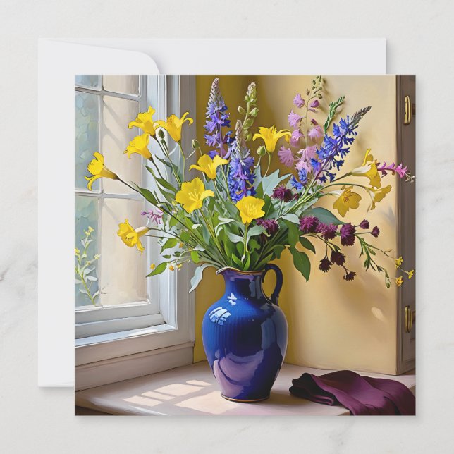 Blue Yellow Purple Blooms Art Holiday Card (Front)