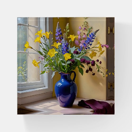 Blue Yellow Purple Blooms Art Paperweight