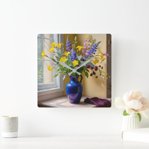 Blue Yellow Purple Blooms Art Square Wall Clock