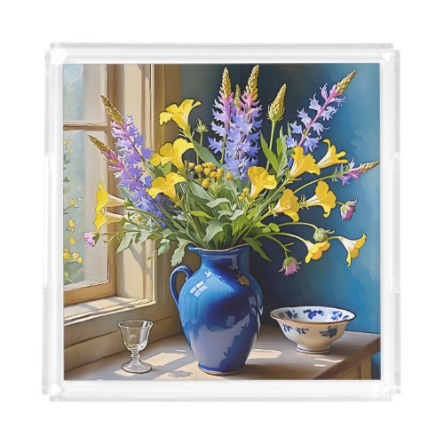 Blue Yellow Purple Bouquet Art Acrylic Tray