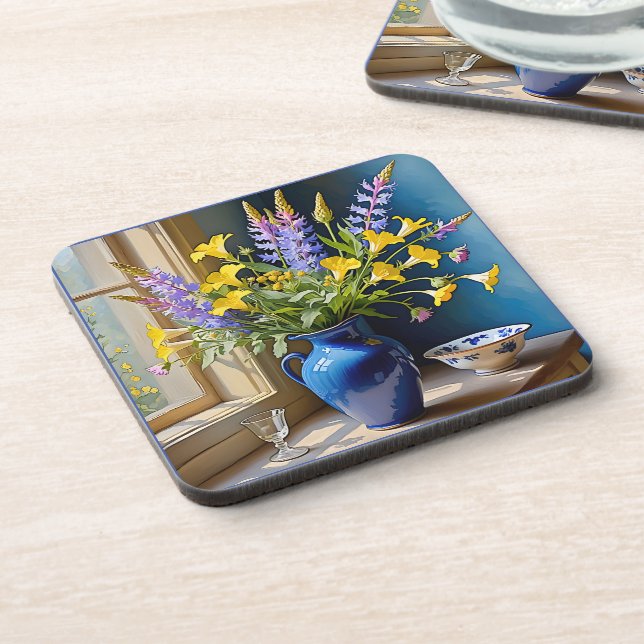 Blue Yellow Purple Bouquet Art Beverage Coaster (Left Side)
