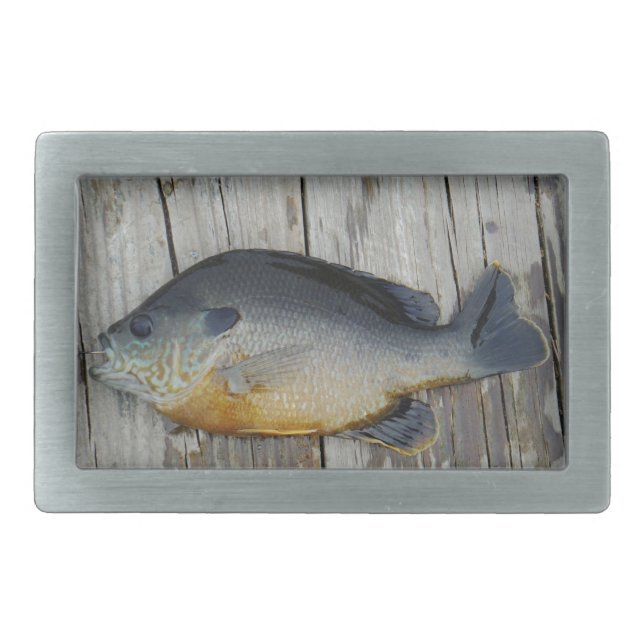 blue yellow purple teal, Bluegill fish on dock Belt Buckle (Front)