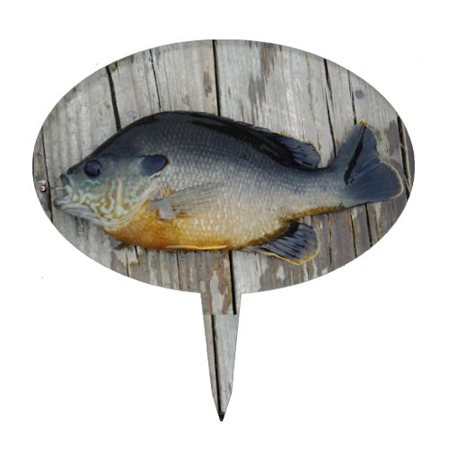 blue yellow purple teal Bluegill fish on dock Cake Topper