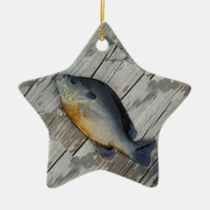 blue yellow purple teal, Bluegill fish on dock Ceramic Ornament