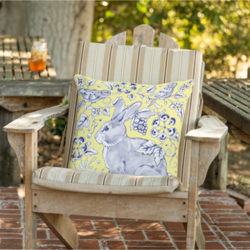 Blue Yellow Rabbit Bird Woodland Floral Summer Outdoor Pillow