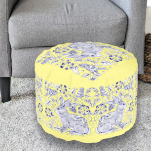 Blue Yellow Rabbit Bird Woodland Floral Summer Pouf