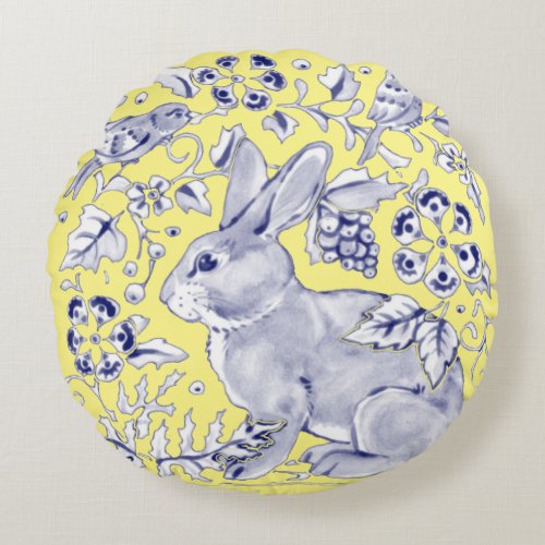 Blue Yellow Rabbit Bird Woodland Floral Summer Round Pillow