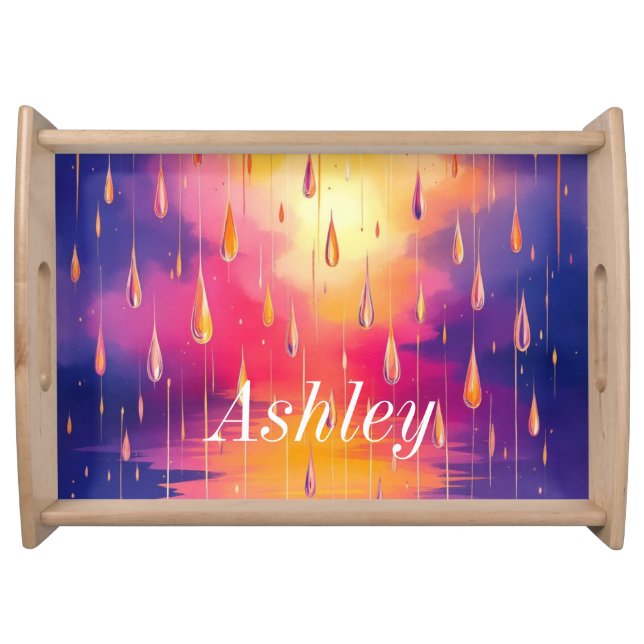 Blue Yellow Rain Drops Nature Watercolor Serving Tray (Front)
