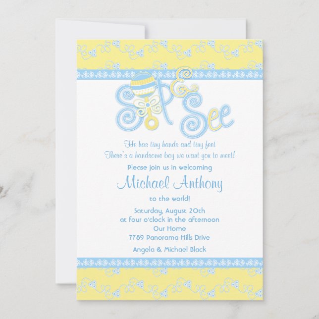 Blue Yellow Rattle Lace Sip N See Baby Shower Invitation (Front)