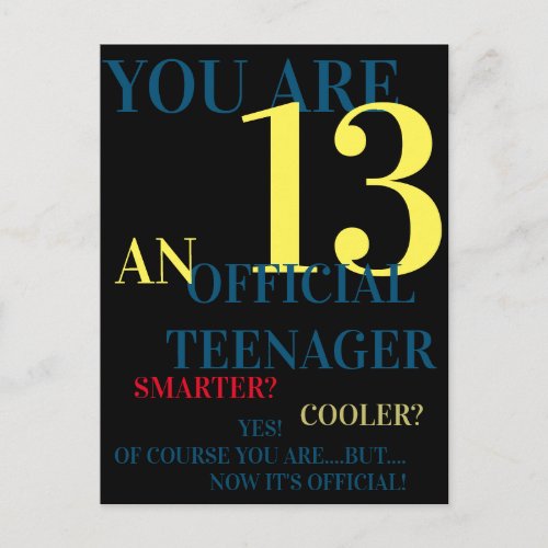 Blue Yellow Red 13 Official Teenager Boy Birthday Postcard