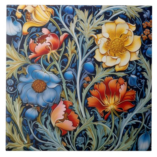 Blue Yellow Red Flowers William Morris Style  Ceramic Tile
