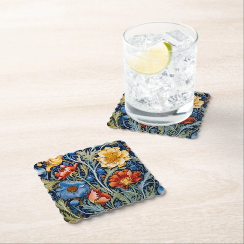  Blue Yellow Red Flowers William Morris Style  Paper Coaster