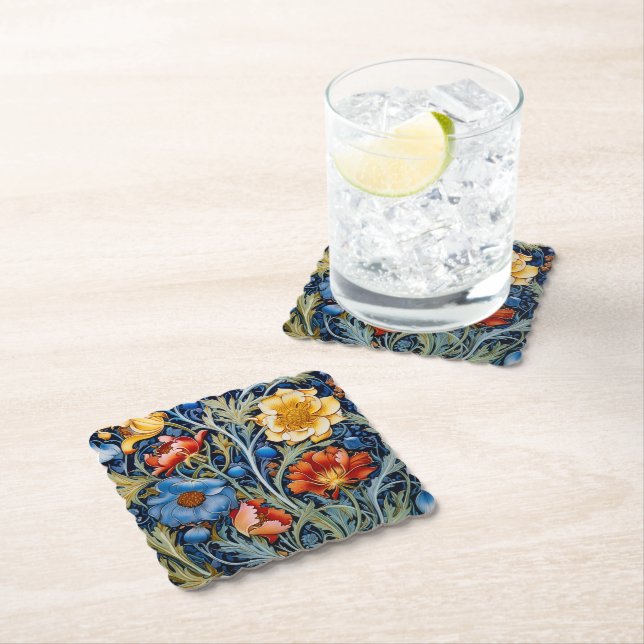  Blue Yellow Red Flowers William Morris Style  Paper Coaster (Insitu)