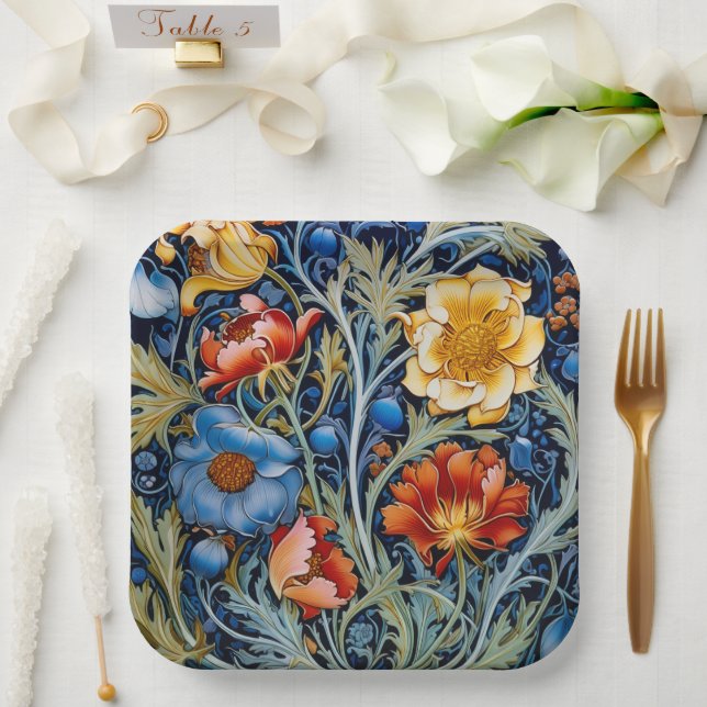  Blue Yellow Red Flowers William Morris Style  Paper Plates (Wedding)