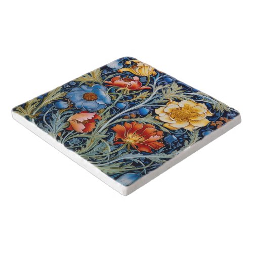  Blue Yellow Red Flowers William Morris Style  Trivet