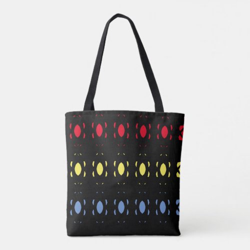 Blue Yellow  Red Oval Pattern on Black Tote Bag