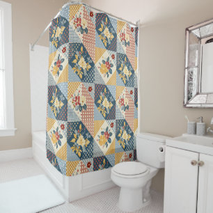 Blue Yellow Red Patchwork Quilt Floral Retro Shower Curtain
