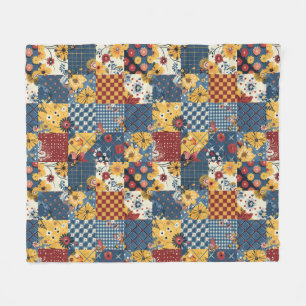 Blue Yellow Red Quilt Patchwork Gingham Floral Fleece Blanket