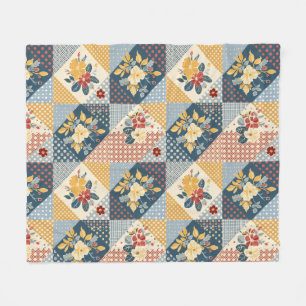 Blue Yellow Red Quilt Patchwork Gingham Floral Fleece Blanket