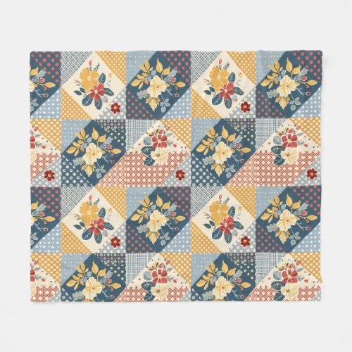 Blue Yellow Red Quilt Patchwork Gingham Floral Fleece Blanket