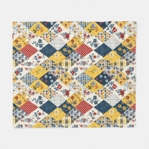 Blue Yellow Red Quilt Patchwork Gingham Floral Fleece Blanket