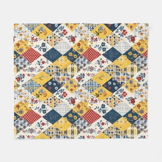Blue Yellow Red Quilt Patchwork Gingham Floral Fleece Blanket (Front (Horizontal))
