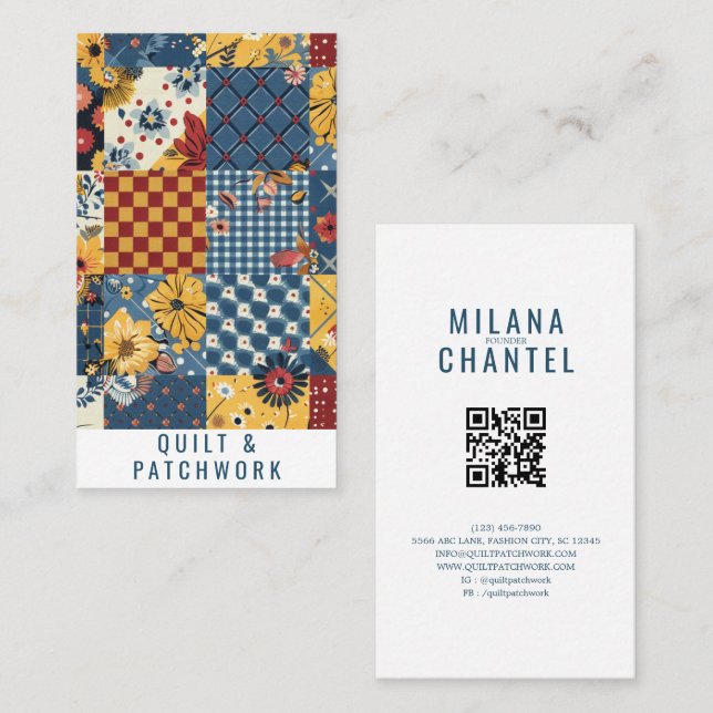 Blue Yellow Red Quilt Patchwork Handmade Clothing  Business Card (Front/Back)