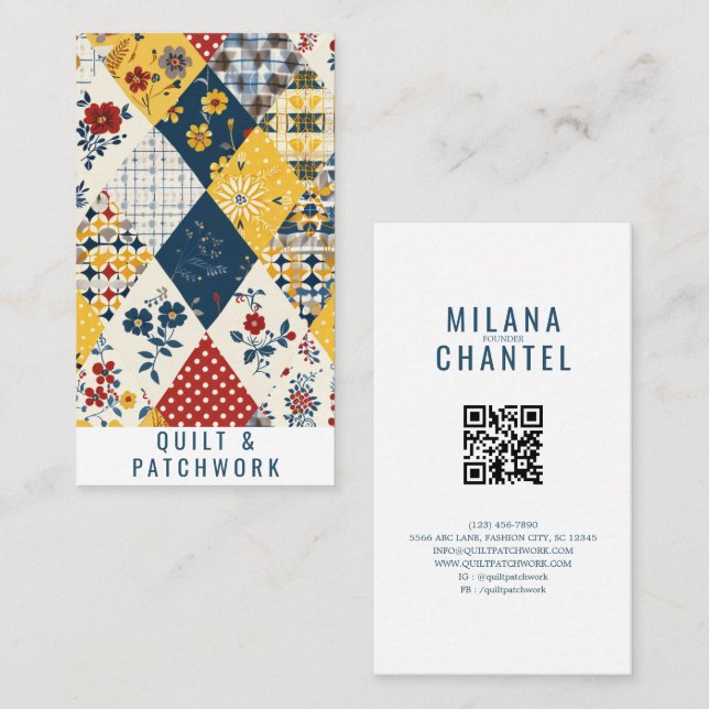 Blue Yellow Red Quilt Patchwork Handmade Clothing  Business Card (Front/Back)
