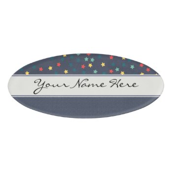Blue  Yellow & Red Stars On Navy Blue Name Tag by suchicandi at Zazzle