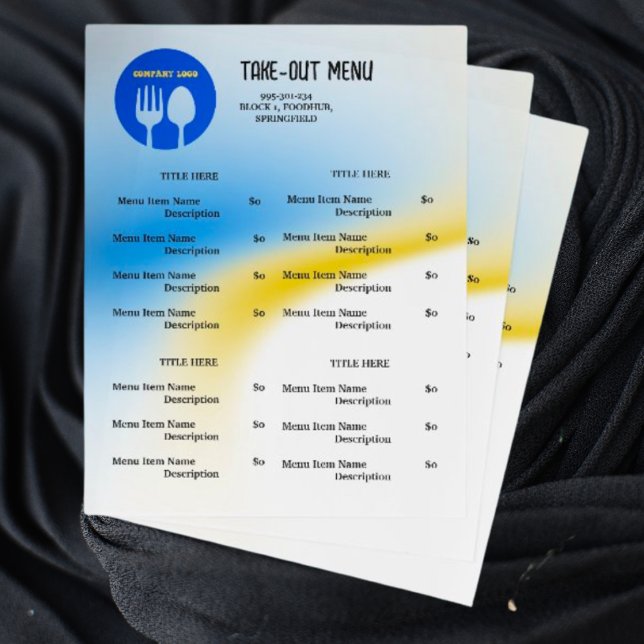 Blue, Yellow Restaurant Take Out Menu with QR Code Flyer (Creator Uploaded)