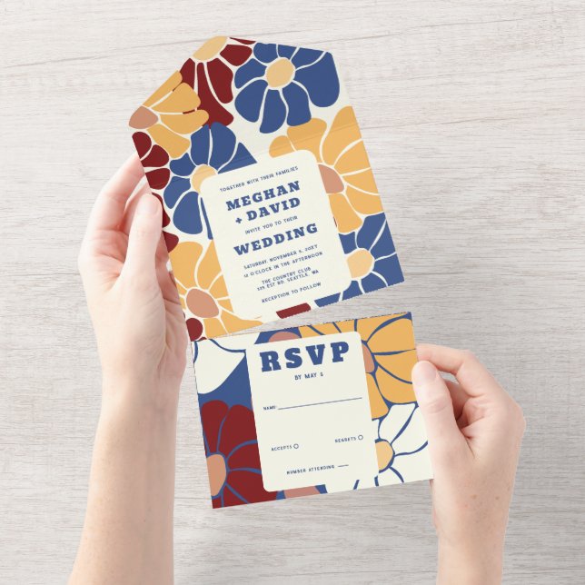 Blue Yellow Retro Groovy Boho Chic Floral Wedding All In One Invitation (Tearaway)