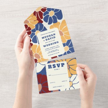 Blue Yellow Retro Groovy Boho Chic Floral Wedding All In One Invitation