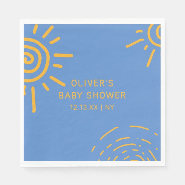 Blue Yellow Retro Ray Of Sunshine Baby Shower Napkins (Front)