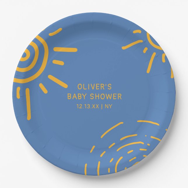 Blue Yellow Retro Ray Of Sunshine Baby Shower Paper Plates (Front)