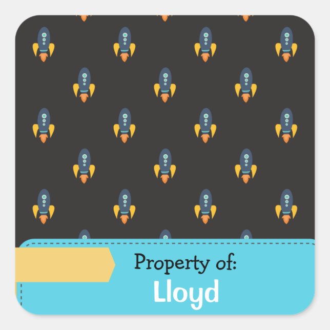 Blue Yellow Rocket Space Pattern Personalized Square Sticker (Front)