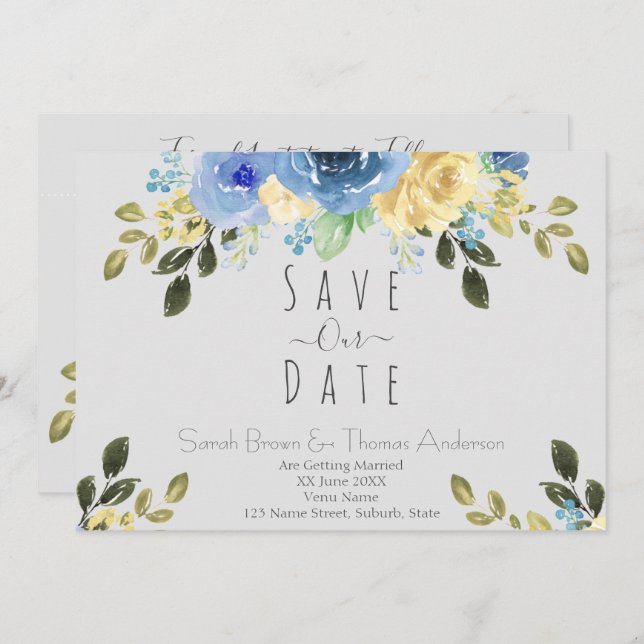 Blue & Yellow Roses on Soft Grey Invitation (Front/Back)