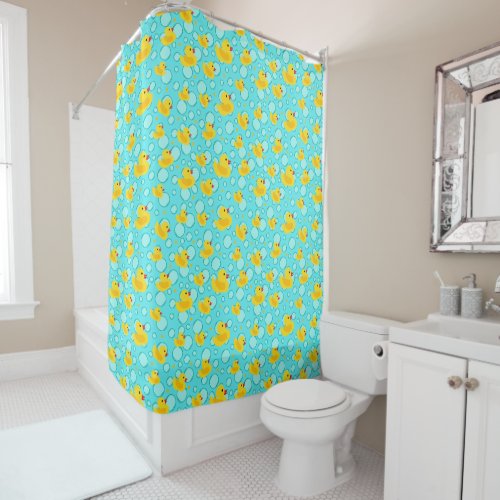 Blue Yellow Rubber Duckys and Bubbles Pattern Shower Curtain
