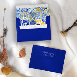 Blue Yellow Rustic Azulejos Tiles Wedding Envelope<br><div class="desc">The inside of this rustic wedding invitation envelope features a pattern of blue,  yellow and white traditional Portuguese tiles,  or azulejos. Personalize the back flap with your name(s) in white handwriting script and address in copperplate font on a blue background.</div>