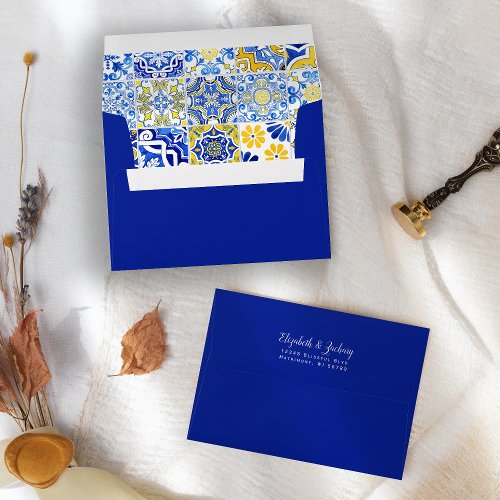 Blue Yellow Rustic Azulejos Tiles Wedding Envelope