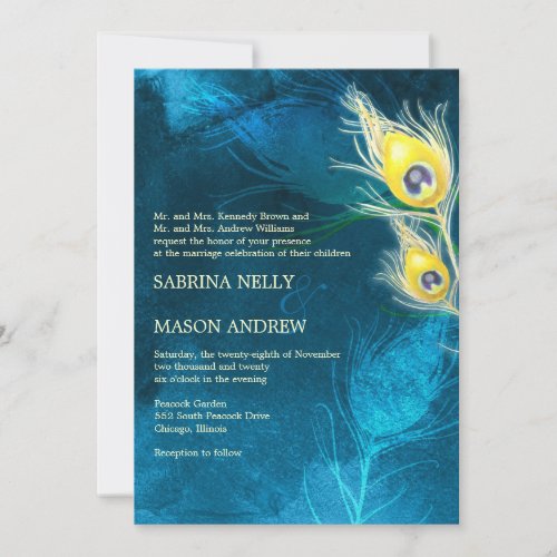 Blue  Yellow Rustic Peacock Wedding Invitation